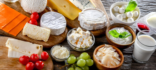 Fototapeta na wymiar A variety of dairy products including cheese, milk and yogurt