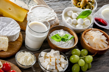 A variety of dairy products including cheese, milk and yogurt