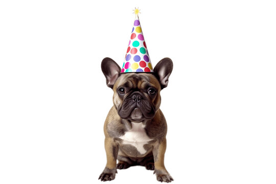 Festive French Bulldog Birthday Bash Party Hat on Transparent Background. AI