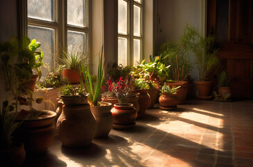 Fototapeta na wymiar multiple plants in pots on the floor