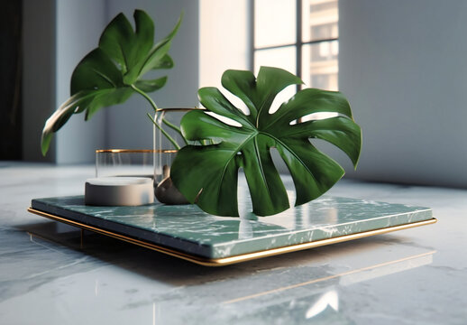 monstera lobata plant on a marble tray