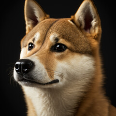 Studio shot with cute shiba inu dog portrait with the curiosity and innocent look as concept of modern happy domestic pet in ravishing hyper realistic detail by Generative AI.