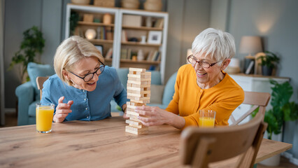 two senior women friends or sisters play leisure board game at home