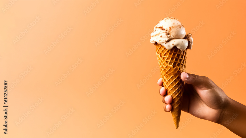 Canvas Prints Hand of a kid holding ice cream cone background with a copy space, Generative AI