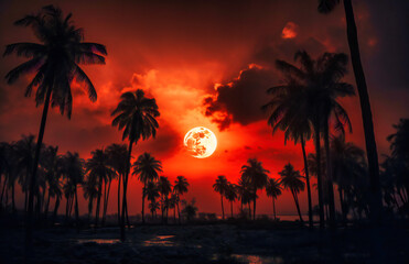 Fototapeta na wymiar sun setting over palm trees