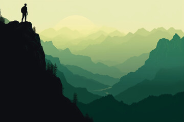 Majestic Summit: Hiker's Silhouette Overlooking Dark Green Landscape