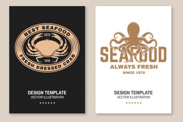 Set of fresh seafood retro poster, banner with dressed crab and octopus. Vector illustration. For seafood emblem, sign, patch, shirt, menu restaurants, fish markets, stores with dressed crab and