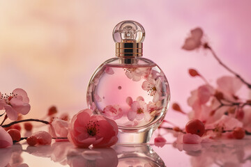 Obraz na płótnie Canvas Perfume bottle with cherry blossom flowers. 