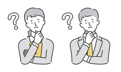 腕組みをして首をかしげるポーズ、疑問に思うポーズのビジネスパーソン