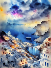 Santorini landscape watercolor. AI generated illustration