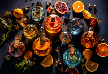perfume bottles with different fruit and spices