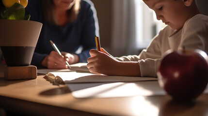 Mother help her daughter with homework .Created with Generative AI technology.