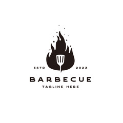 Vintage Hipster Fire and Spatula BBQ, Barbecue Logo Design Vector