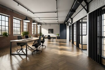 Inspiring office interior design Industrial style Office featuring Warehouse style architecture. Generative AI