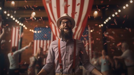 Obraz na płótnie Canvas Happy man celebrating fourth july Independence Day.Created with Generative AI technology.