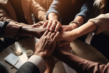 Diverse team of businesspeople joining their hands together in unity, coming together in success. 