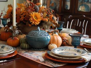 Naklejka premium Pumpkin and candles on rustic table for Thanksgiving day family home dinner. Fall traditional holiday food. Generative AI 