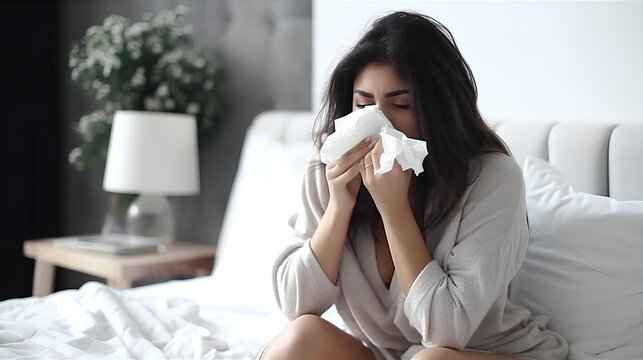 A sick woman coughs, sneezes, sitting in bed at home, blows her nose, suffers from fever, a sick girl feels bad, is fighting the flu, she has a runny nose. Health problems. Generative AI.