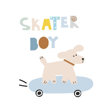 Cute dog on a skateboard. Childish graphic. Vector hand drawn illustration.