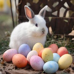 Cute bunny and Easter eggs. Happy Easter Generative AI
