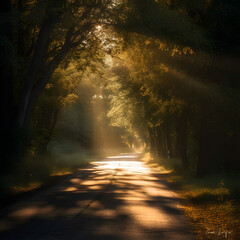 Naklejka premium Golden evening sunlight breaks through the trees in the forest Generative AI