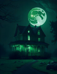 Fototapeta na wymiar a creepy house with a full moon in the background, gothic art, ominous vibe, cosmic horror, matte drawing, generative ai