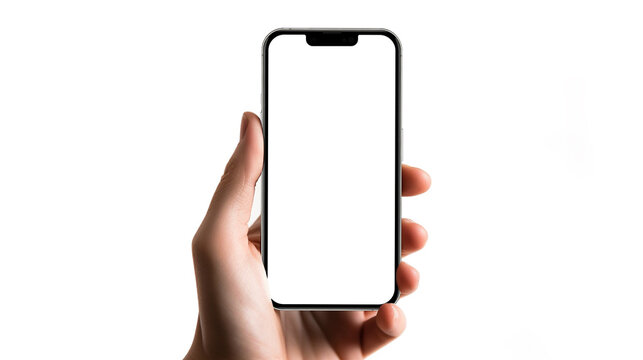 High quality device mockup front view. Woman and man hand holding the black smartphone with blank screen and modern frameless design on white background isolated.