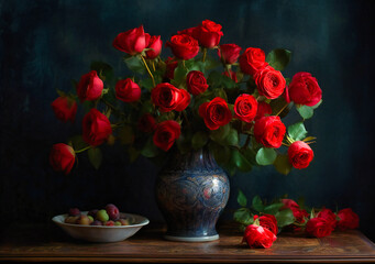 a bunch of red roses is shown in a vase