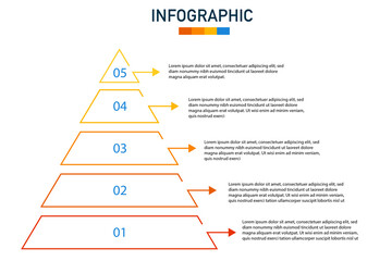 Vector infographic template. 5 options, steps, and segments. Pyramid triangle concept. Can be used for presentations, advertising, layouts, annual reports.