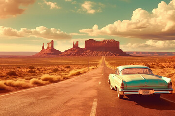 Fototapeta na wymiar Illustration of vintage american car in Wild West of USA road with mountains on background