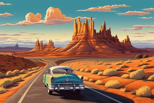 Illustration of vintage american car in Wild West of USA road with mountains on background