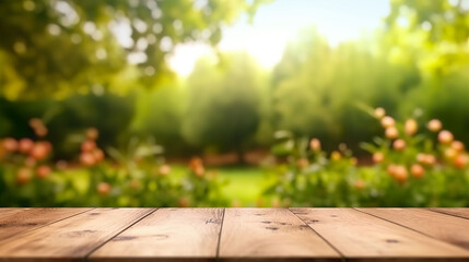 Naklejka na ściany i meble Empty oak wooden table top against an out of focus garden background. A.I. Generated.