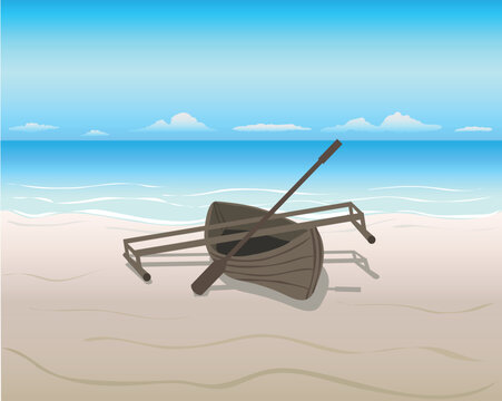 vector of a traditional boat on the beach which is usually used by fishermen to look for fish with a paddle made of wood and two seman made of bamboo to balance the position of the boat