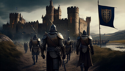 3D envision of a legion advancing towards a mediaeval fortress