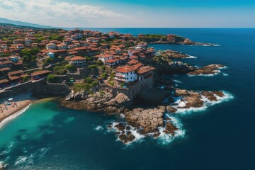 Aerial image of Sozopol, Bulgaria, and the Black Sea. Aerial image from a drone. Summer holidays destination. Generative AI