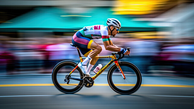 cyclist in motion with a blurred backdrop. Generative AI image.