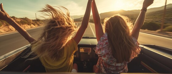 Two girls are riding in a convertible with their hands raised. Generative AI