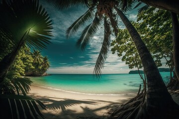 Fototapeta na wymiar A tropical beach and palm tree leaves. Generative AI