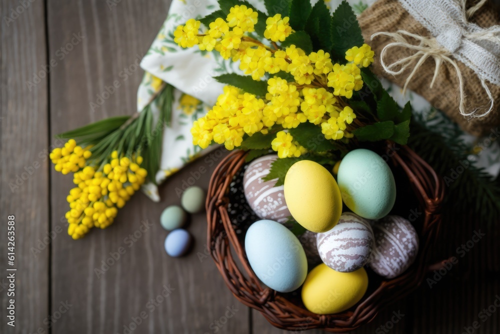 Canvas Prints basket of fresh eggs and blooming yellow flowers. Generative AI