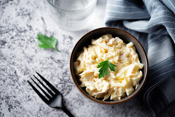 Squid egg mayonnaise salad in a bowl