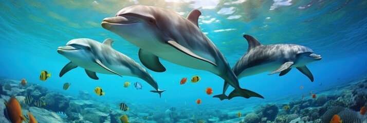 Obraz premium Playful dolphins on a sunny morning. Generative AI