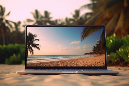 Laptop on the beach on blurred tropic background Generative AI