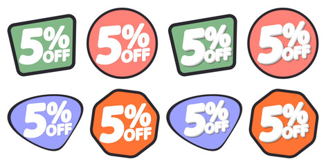 Set Sale 5% off banners, discount tags design template, promo app icons, extra deals, vector illustration