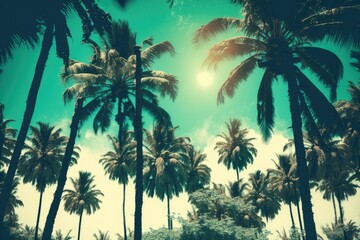 Fototapeta na wymiar A lovely tropical setting with coconut palm trees and a vintage filter. Generative AI