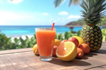  Fresh fruits juice on beach background Generative AI © DrArt