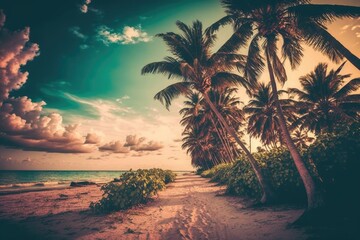 Obraz na płótnie Canvas A tropical beach with coconut palm trees and a vintage filter. Generative AI