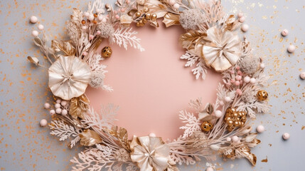 Obraz na płótnie Canvas Christmas decorated frame of flowers top view. Generative ai