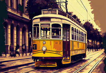 Fototapeta na wymiar yellow tram on the street watercolor. ai generated