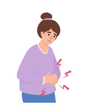 Young woman suffering from pain or spasms in stomach. Stomach ache, Diarrhea, Healthcare, sickness, abdomen disease concept vector illustration isolated on white background.