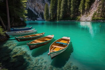Fototapeta na wymiar Boats on Braies Lake (Pragser Wildsee) in the Dolomites, Sudtirol, Italy. Generative AI